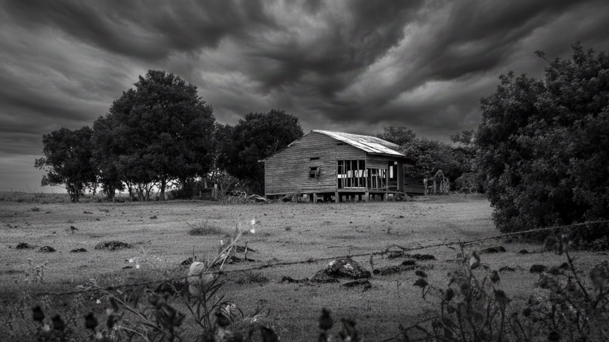 Abandoned timber building beneath a dramatic storm sky